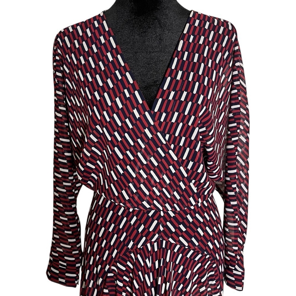 Maje Blue White Red Print Sheer Faux Wrap Raglan Sleeve Dress — 2 (Medium) - Picture 2 of 16